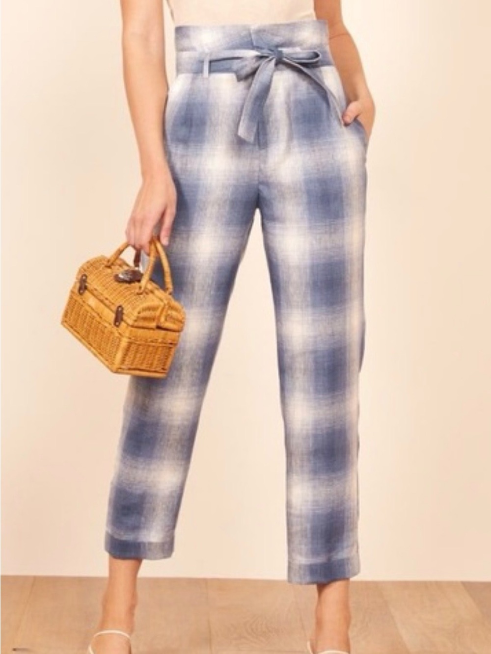 Reformation Blue Plaid High-Waist Paperbag Trousers 100% linen plaid resort wear